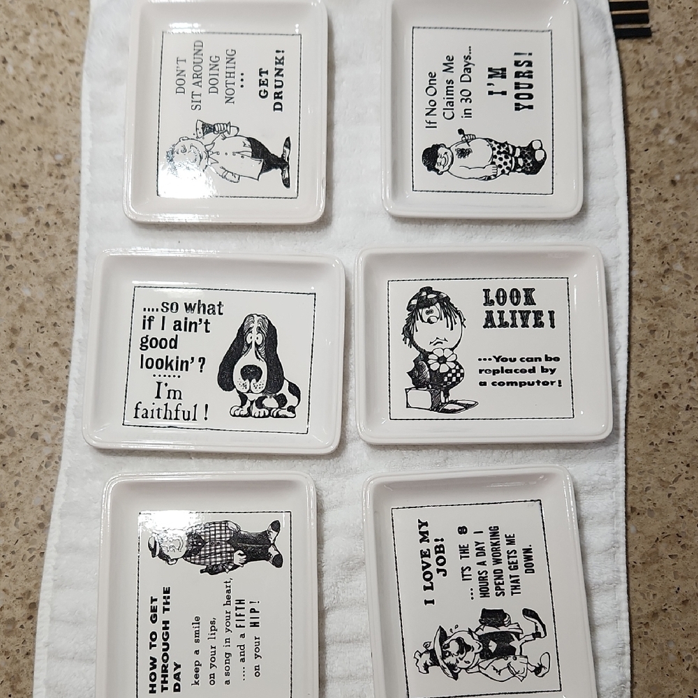 Set of Six White and Black Cartoon Vintage Famous Maxims Novelty Dish - Coasters